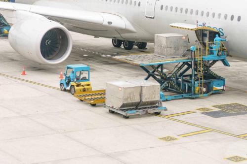 Loading platform of air freight to the aircraft. Food for flight